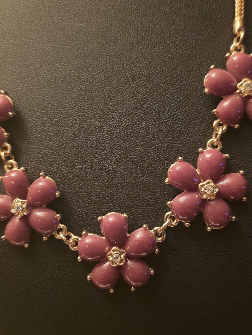 Mauve Floral Statement Necklace With Rhinestone Centers.
